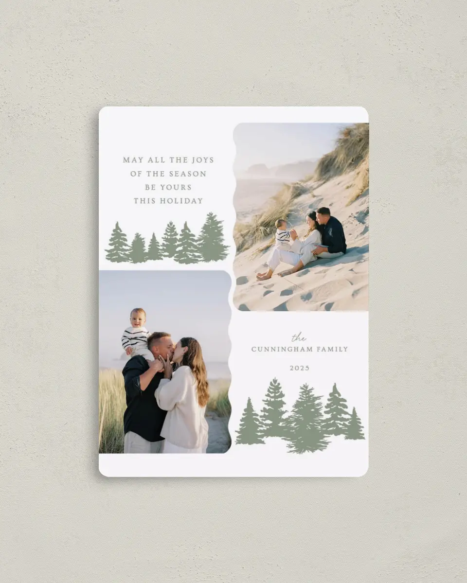 This is a 4" x 5½" Christmas Card called Joyful Pines printed in full color with a Luxe Satin finish