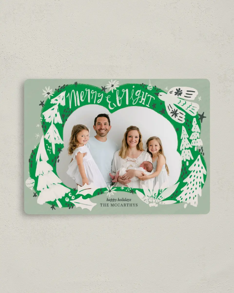 This is a 4" x 5½" Christmas Card called Playful Pines printed in full color with Gold foil and a Luxe Satin finish