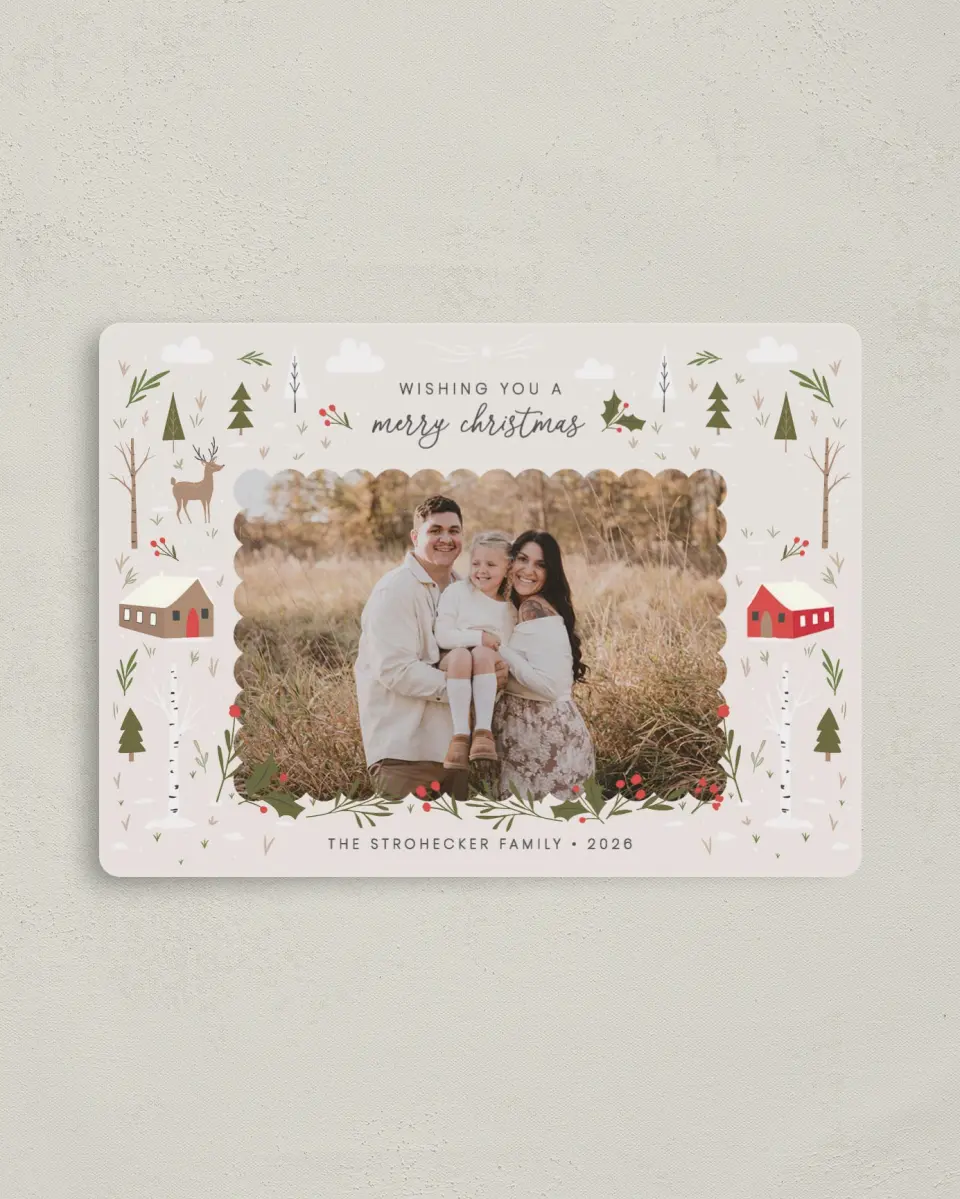 This is a 4" x 5½" Christmas Card called Whimsy Woodland printed in full color with Silver foil and a Luxe Satin finish