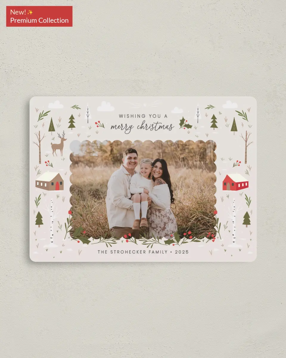 This is a 4" x 5½" Christmas Card called Whimsy Woodland printed in full color with Gold foil and a Luxe Satin finish