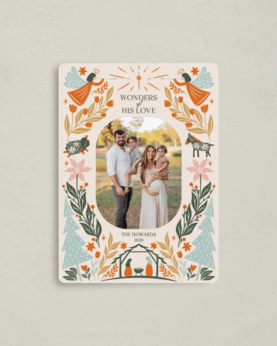 This is a 4" x 5½" Christmas Card called Profound Wonders printed in full color with Silver foil and a Luxe Satin finish