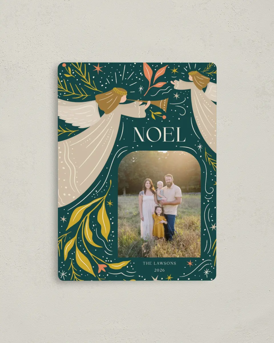 This is a 4" x 5½" Christmas Card called Joyful Noel printed in full color with Silver foil and a Luxe Satin finish