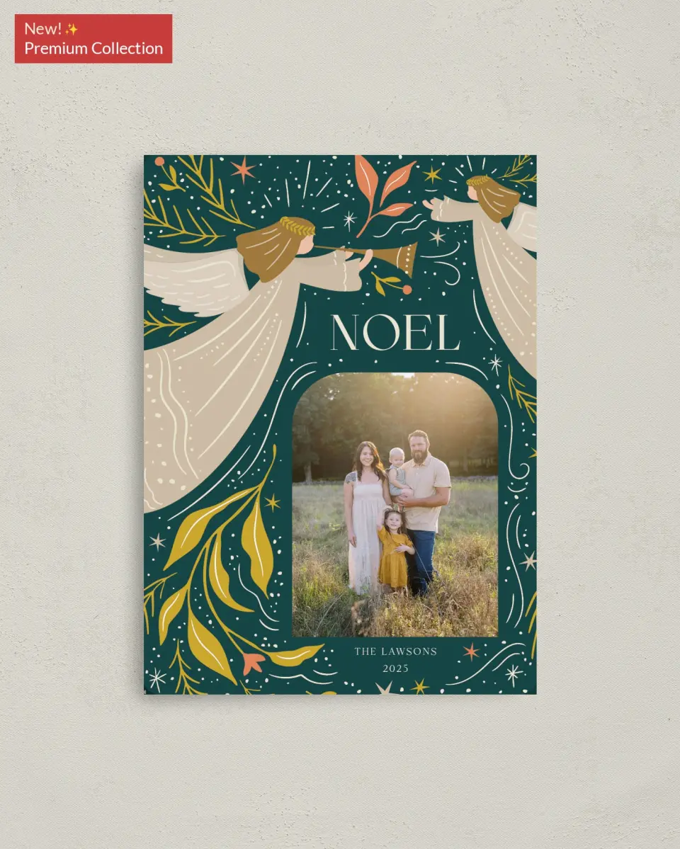 This is a 4" x 5½" Christmas Card called Joyful Noel printed in full color with Gold foil and a Luxe Satin finish