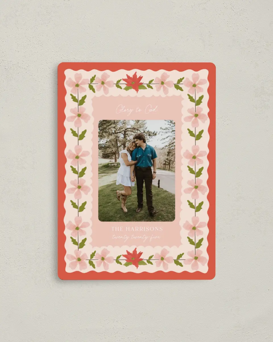 This is a 4" x 5½" Christmas Card called Festive Flora printed in full color with a Luxe Satin finish