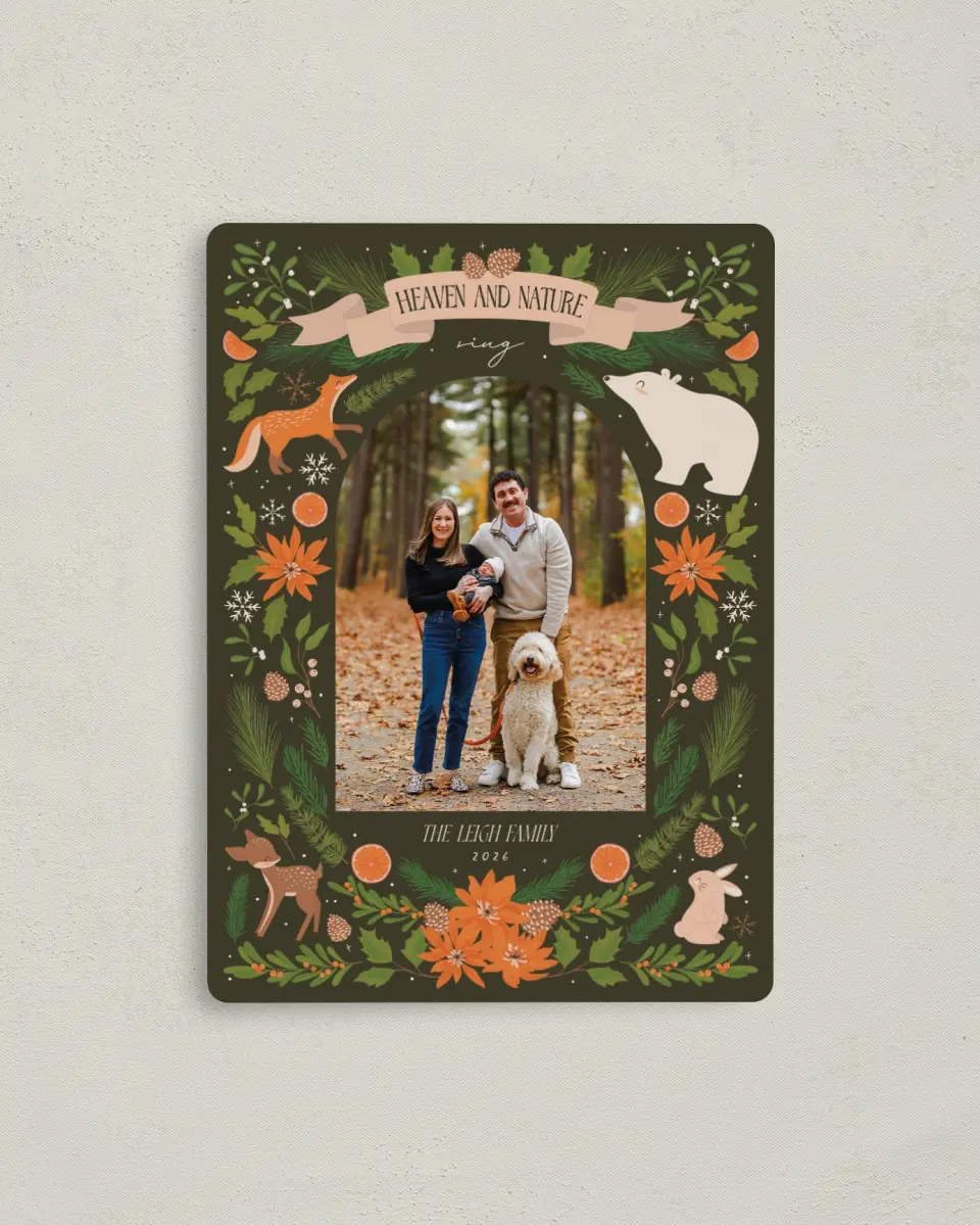 This is a 4" x 5½" Christmas Card called Festive Forest printed in full color with Gold foil and a Luxe Satin finish