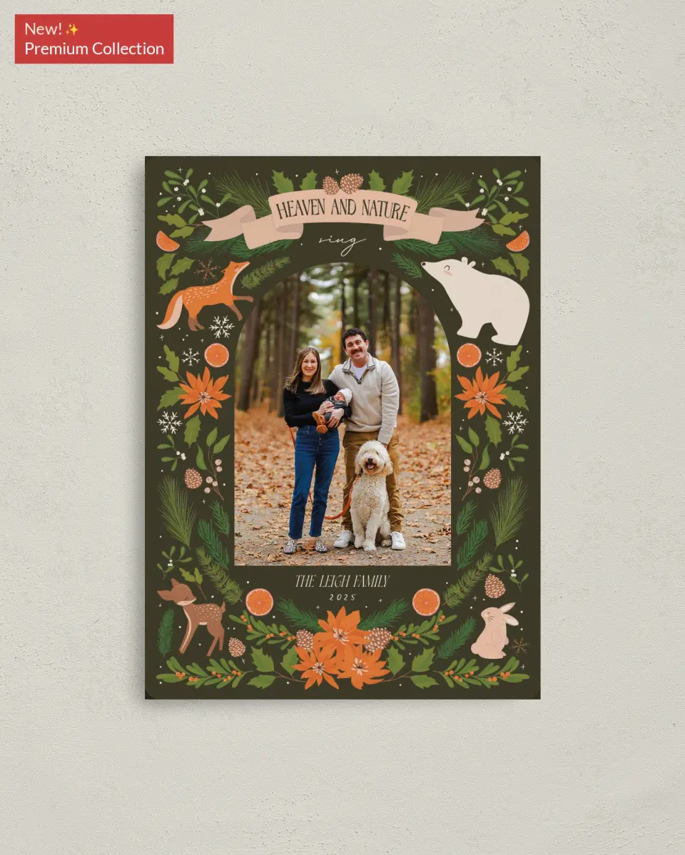 This is a 4" x 5½" Christmas Card called Festive Forest printed in full color with Gold foil and a Luxe Satin finish