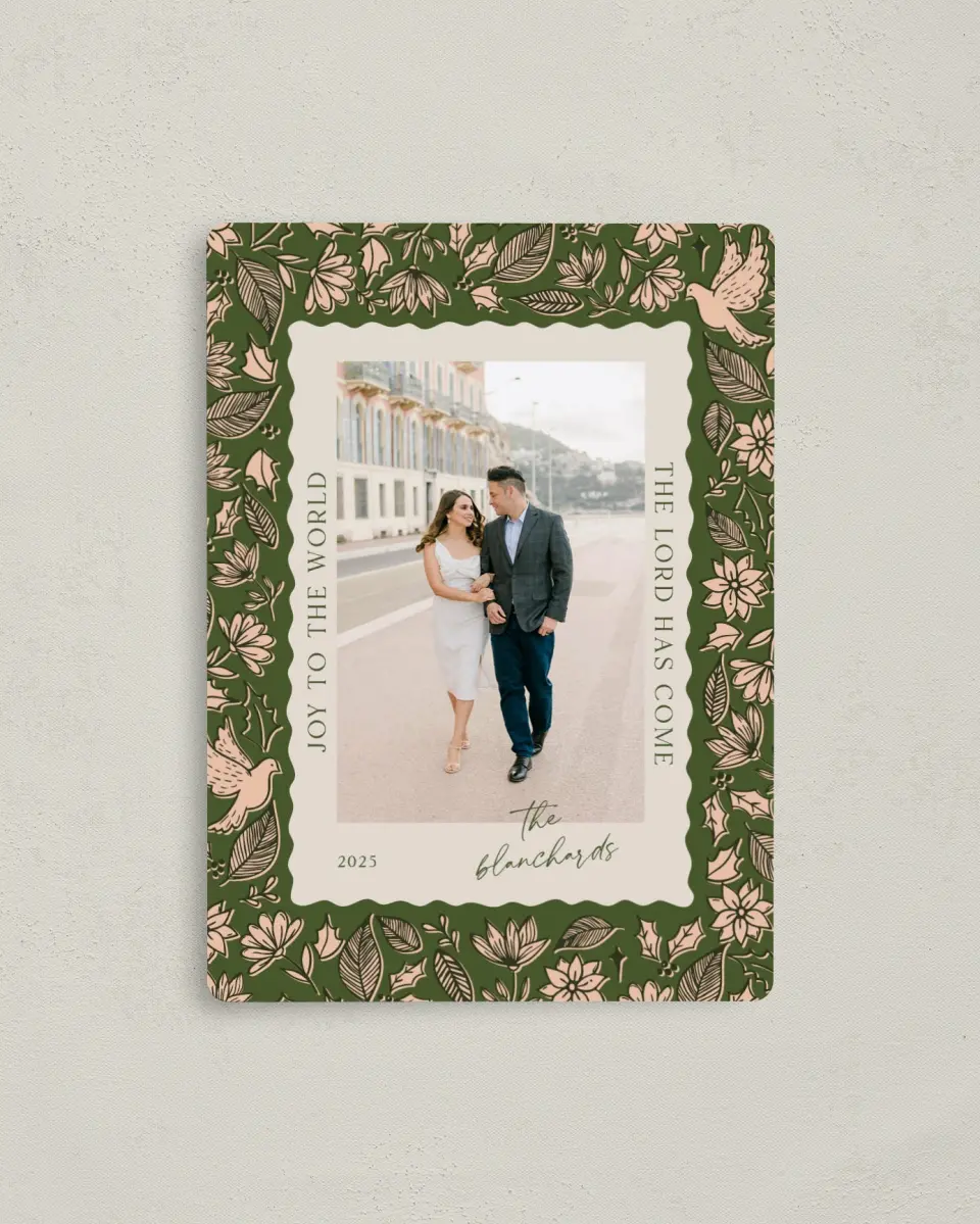 This is a 4" x 5½" Christmas Card called Peace & Joy printed in full color with a Luxe Satin finish