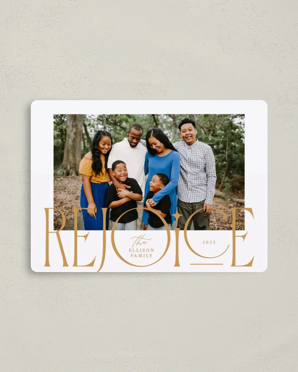 This is a 4" x 5½" Christmas Card called Rejoicing Together printed in full color with a Luxe Satin finish