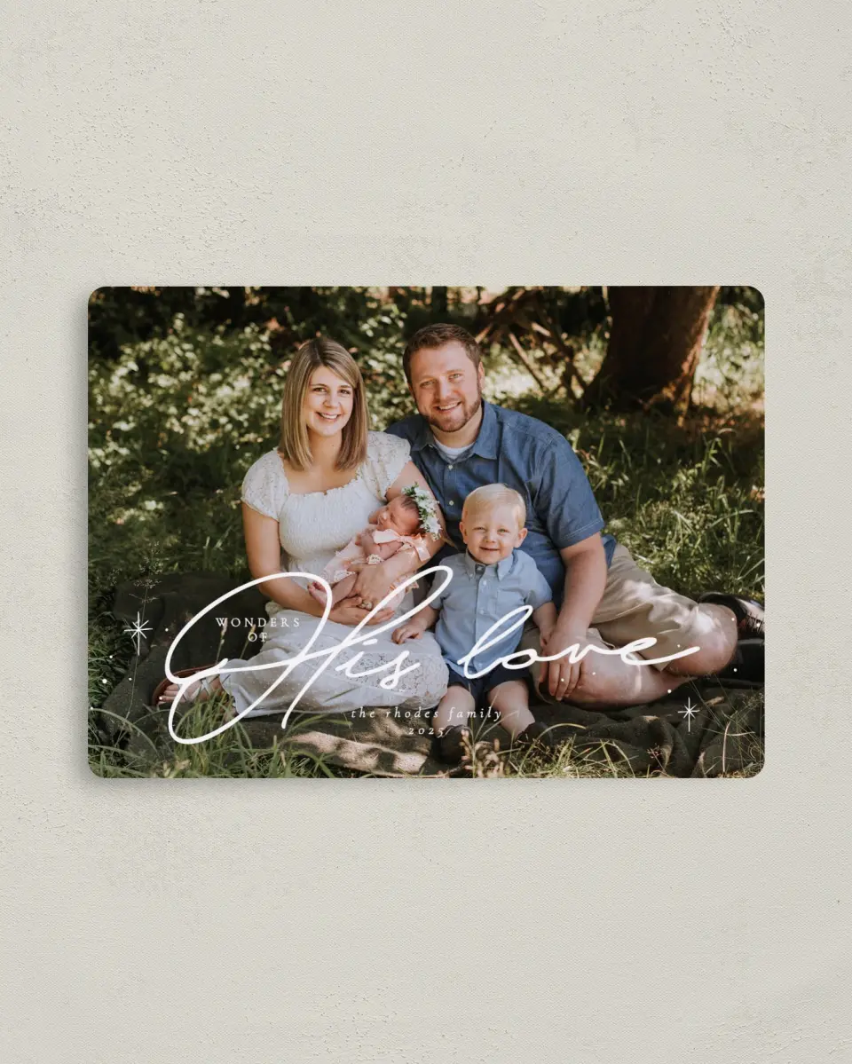 This is a 4" x 5½" Christmas Card called Radiant Wonder printed in full color with a Luxe Satin finish