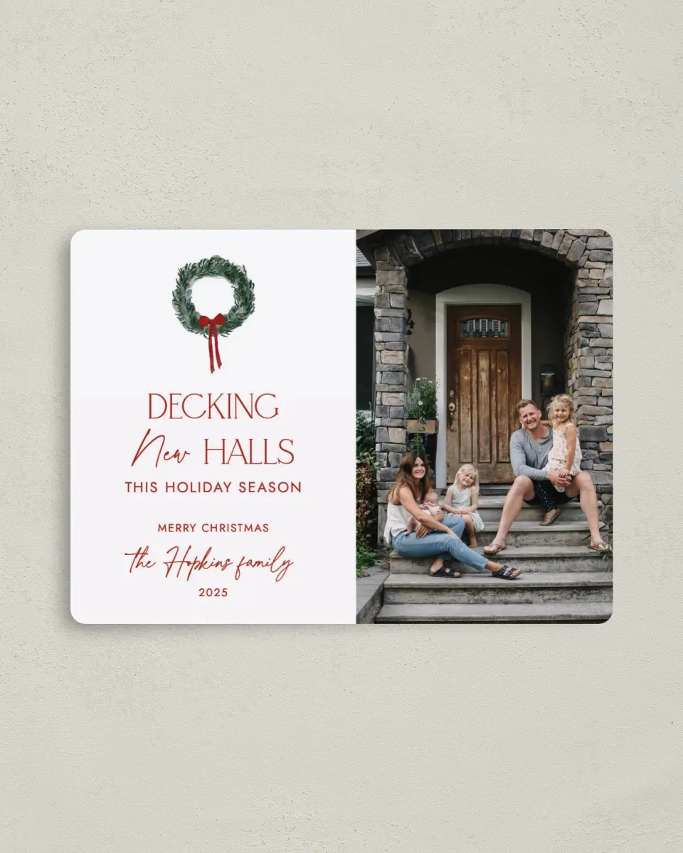 This is a 4" x 5½" Christmas Card called Decking New Halls printed in full color with a Luxe Satin finish