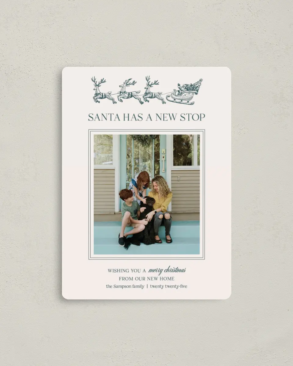 This is a 4" x 5½" Christmas Card called Santa's New Stop printed in full color with Gold foil and a Luxe Satin finish