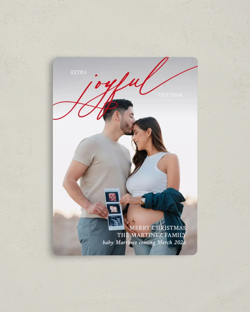 This is a 4" x 5½" Christmas Card called Extra Joyful printed in full color with a Luxe Satin finish
