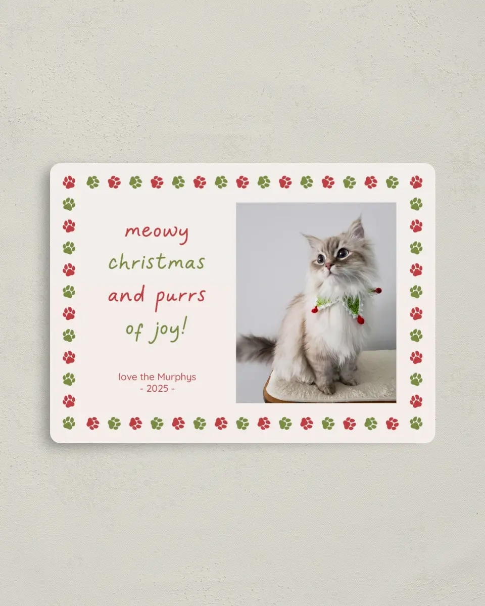 This is a 4" x 5½" Christmas Card called Purrs of Joy printed in full color with a Luxe Satin finish