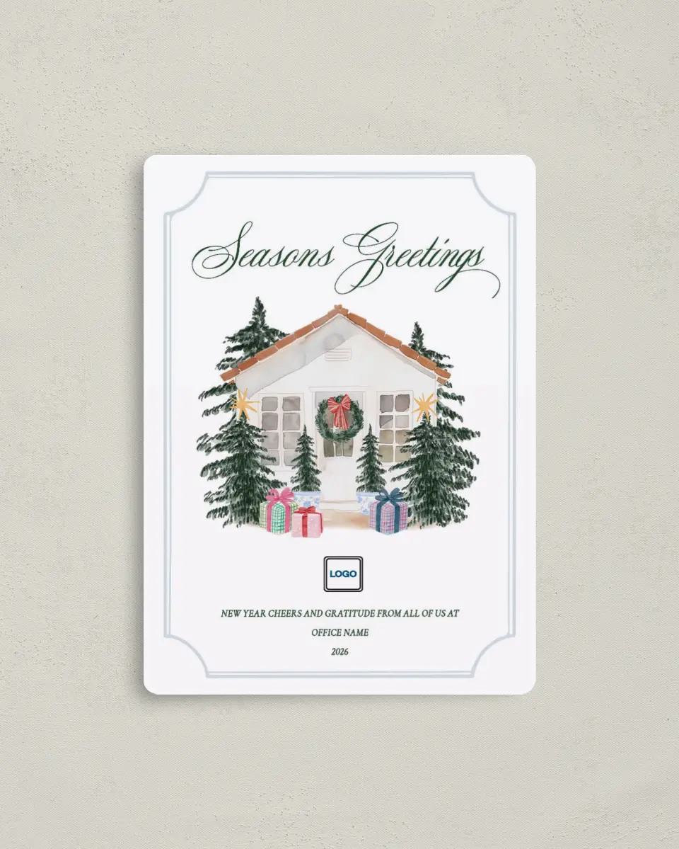 This is a 4" x 5½" Christmas Card called Seasons Greetings printed in full color with a Luxe Satin finish