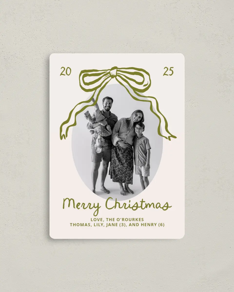 This is a 4" x 5½" Christmas Card called Wrapped in Joy printed in full color with Silver foil and a Luxe Satin finish