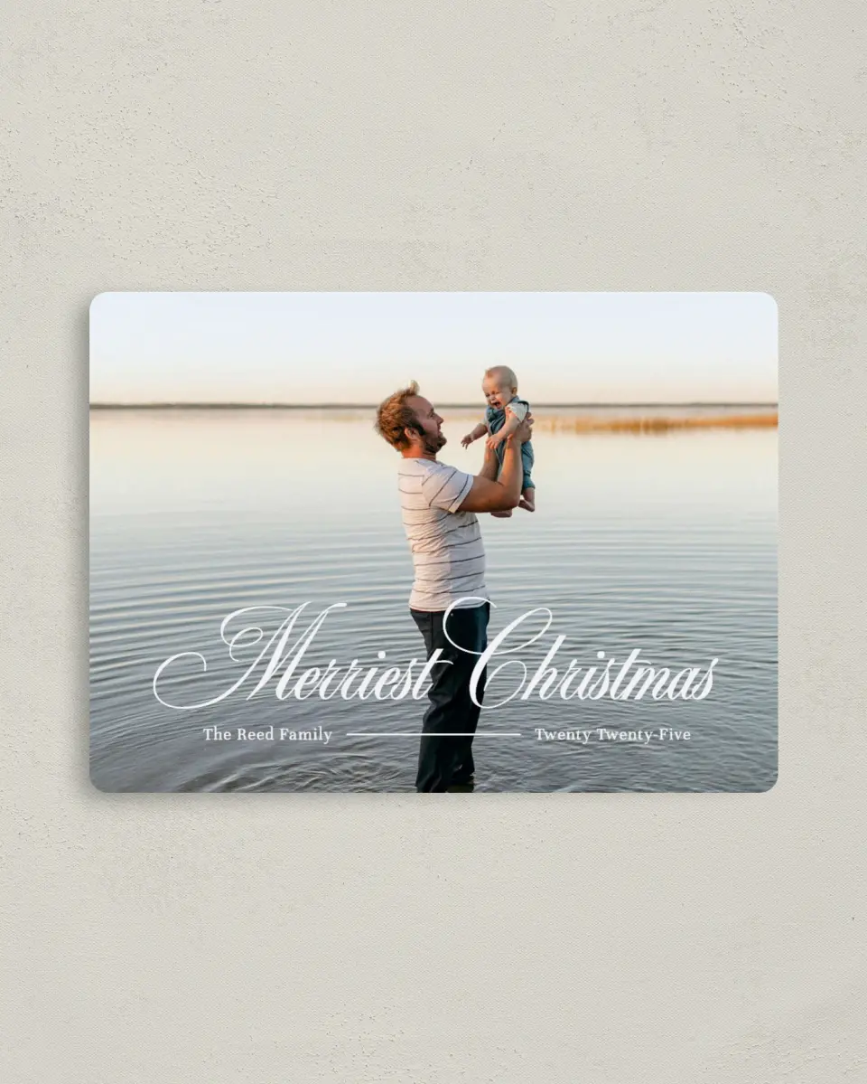 This is a 4" x 5½" Christmas Card called Merriest Wishes printed in full color with a Luxe Satin finish