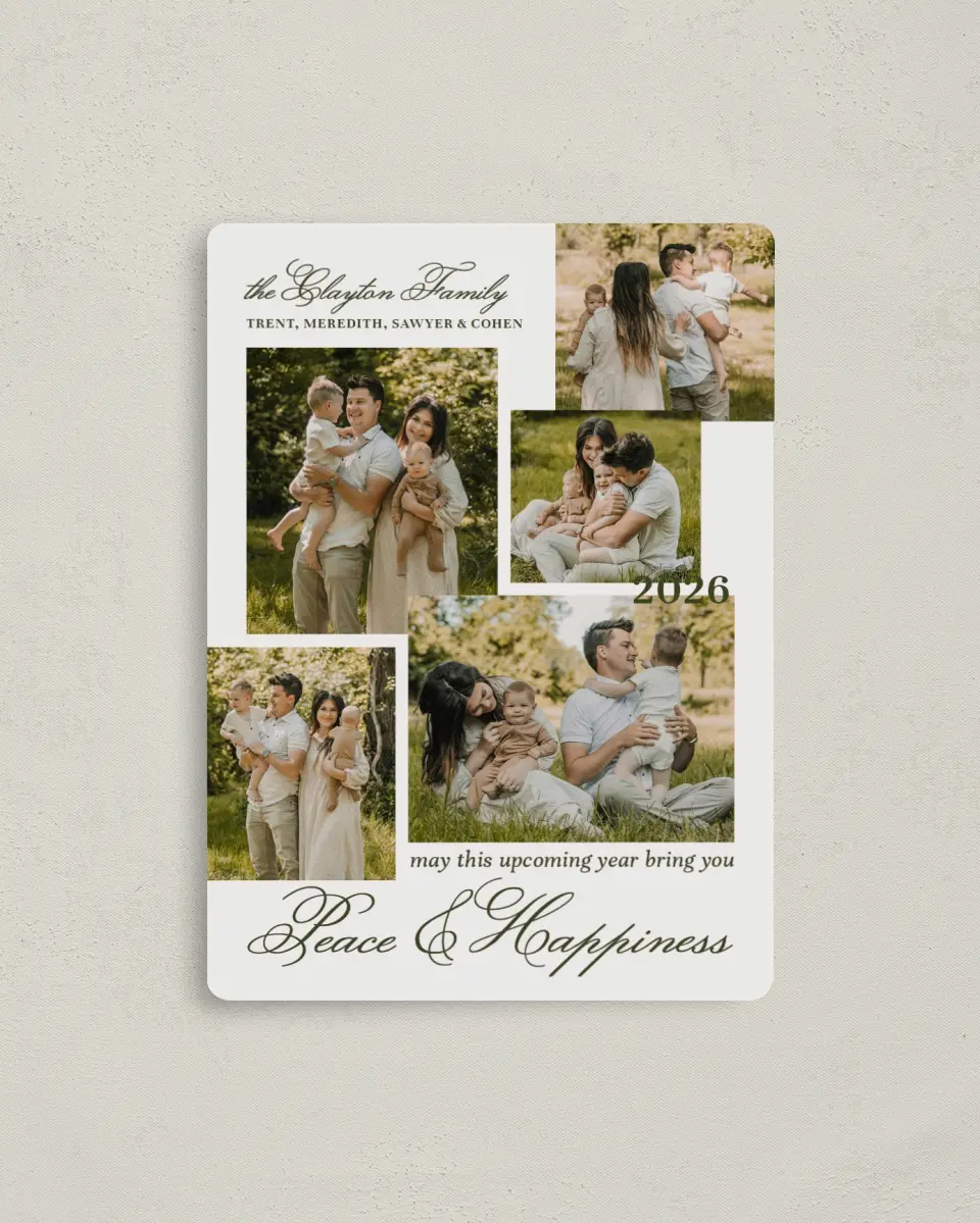 This is a 4" x 5½" Christmas Card called Peace & Happiness printed in full color with a Luxe Satin finish