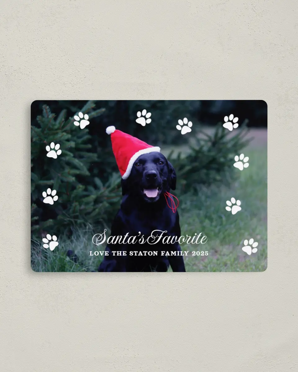 This is a 4" x 5½" Christmas Card called Santa's Favorite printed in full color with Silver foil and a Luxe Satin finish