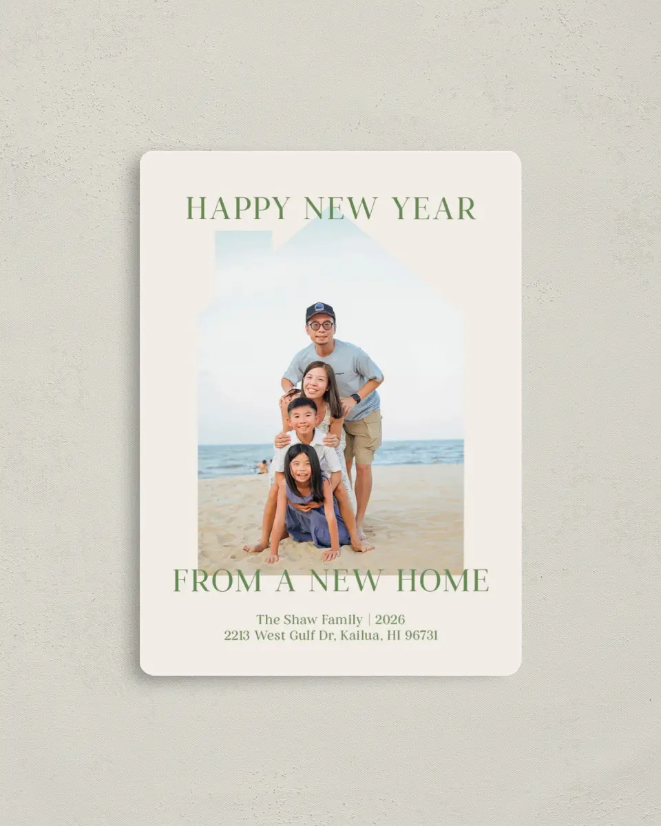 This is a 4" x 5½" Christmas Card called Happy New Home printed in full color with a Luxe Satin finish
