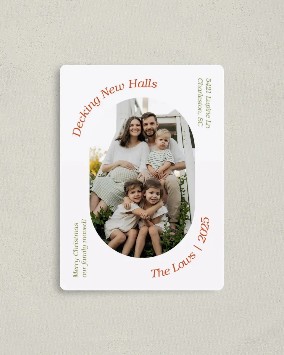 This is a 4" x 5½" Christmas Card called Deck New Halls printed in full color with a Luxe Satin finish
