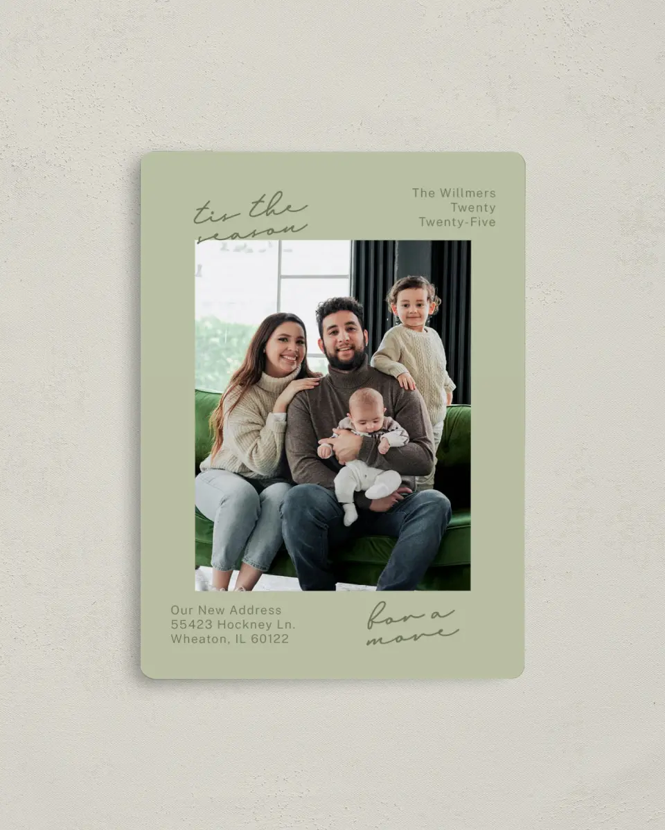 This is a 4" x 5½" Christmas Card called Season to Move printed in full color with a Luxe Satin finish