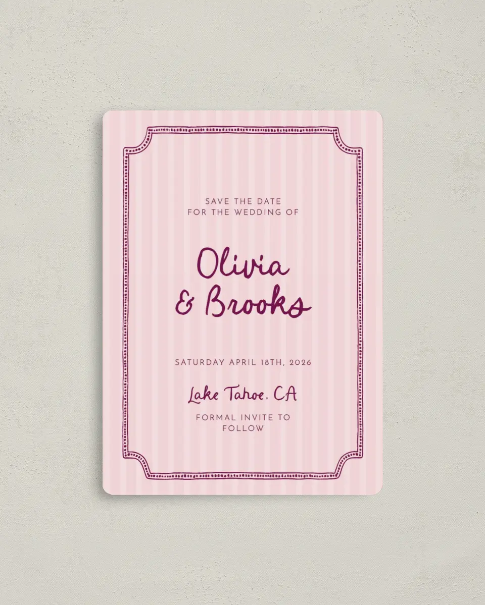 This is a 4" x 5½" Save the Date Magnet called Scalloped Elegance printed in full color with a Luxe Satin finish