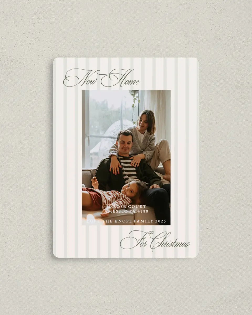 This is a 4" x 5½" Christmas Card called New Abode printed in full color with a Luxe Satin finish