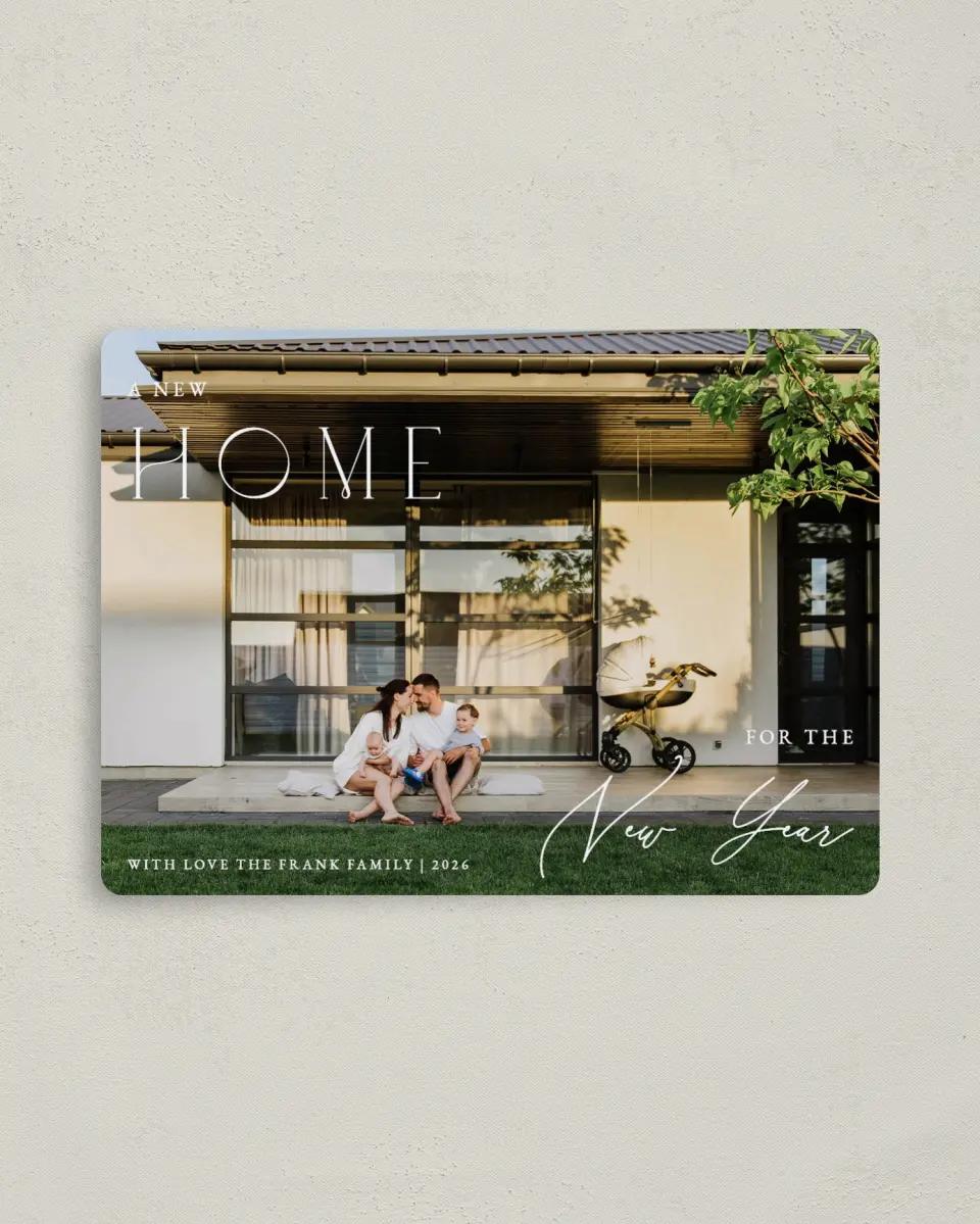 This is a 4" x 5½" Christmas Card called New Home New Year printed in full color with a Luxe Satin finish