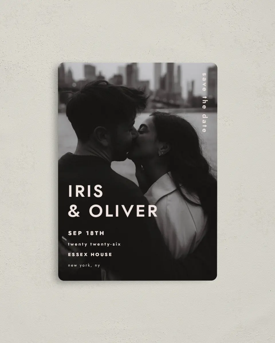 This is a 4" x 5½" Save the Date Magnet called Serendipity & Stripes printed in full color with a Luxe Satin finish
