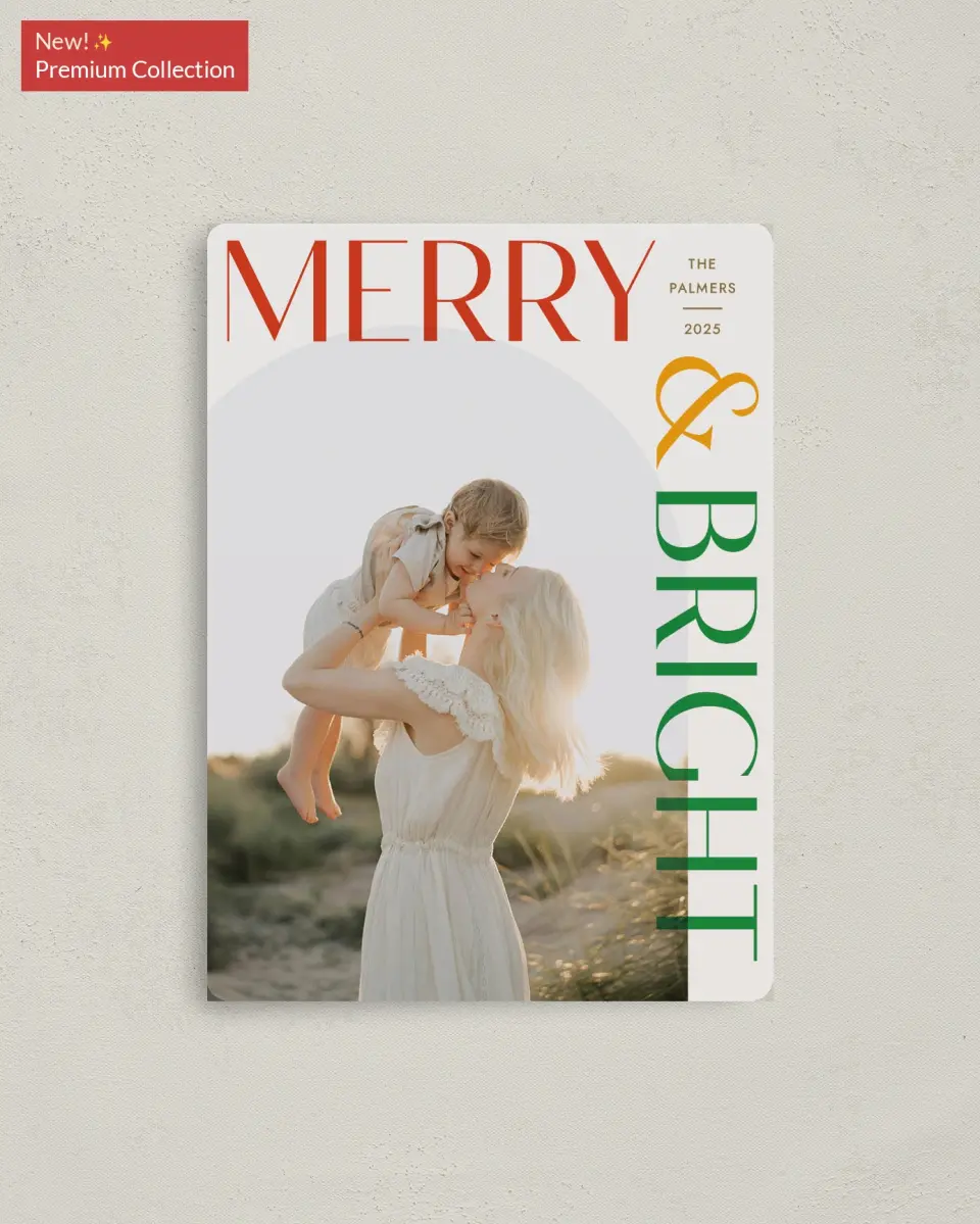 This is a 4" x 5½" Christmas Card called Bold & Bright printed in full color with Gold foil and a Luxe Satin finish