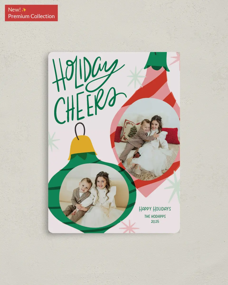 This is a 4" x 5½" Christmas Card called Cheerful Ornaments printed in full color with Gold foil and a Luxe Satin finish