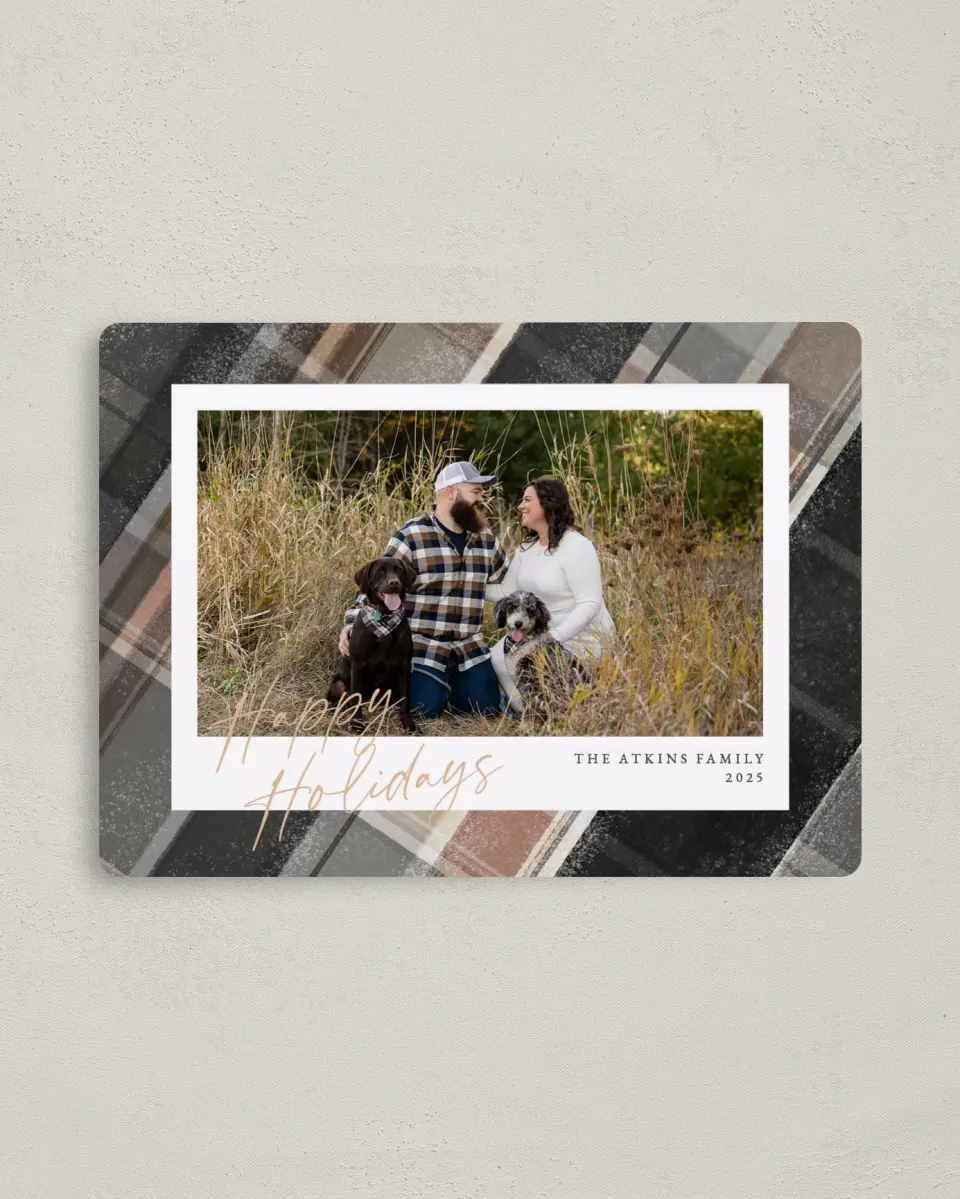 This is a 4" x 5½" Christmas Card called Cozy Plaid printed in full color with Silver foil and a Luxe Satin finish