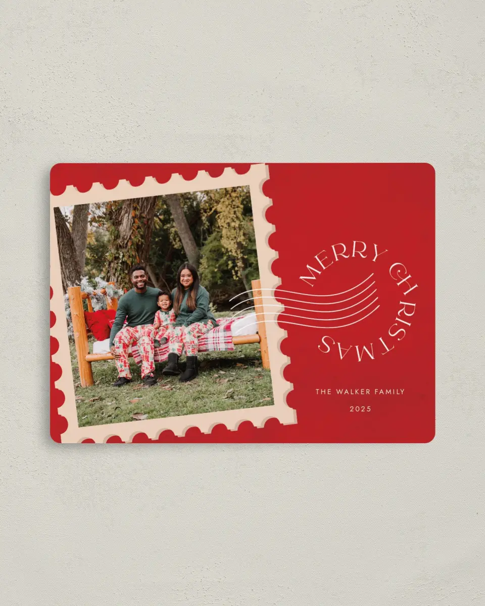 This is a 4" x 5½" Christmas Card called Holiday Postage printed in full color with Silver foil and a Luxe Satin finish