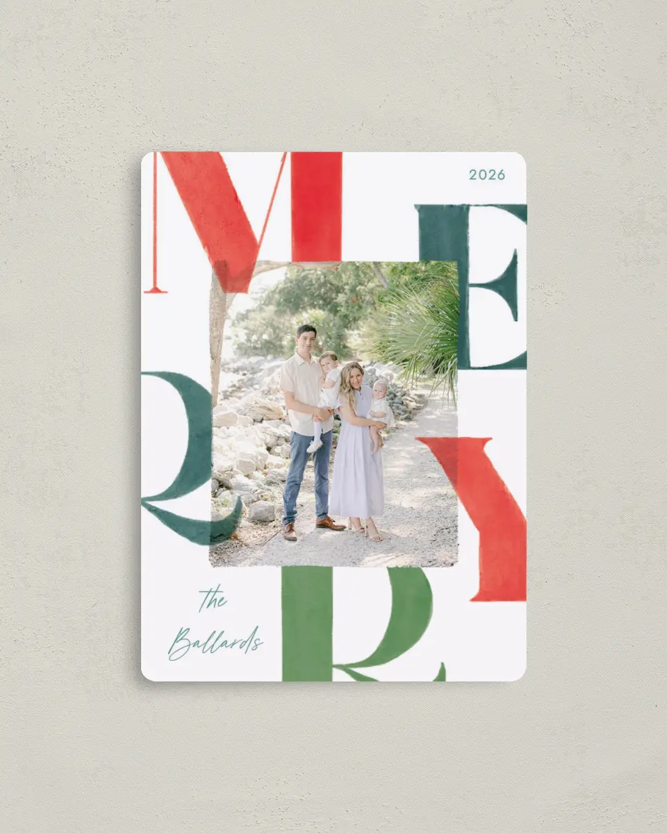This is a 4" x 5½" Christmas Card called Bright Tidings printed in full color with Rose Gold foil and a Luxe Satin finish