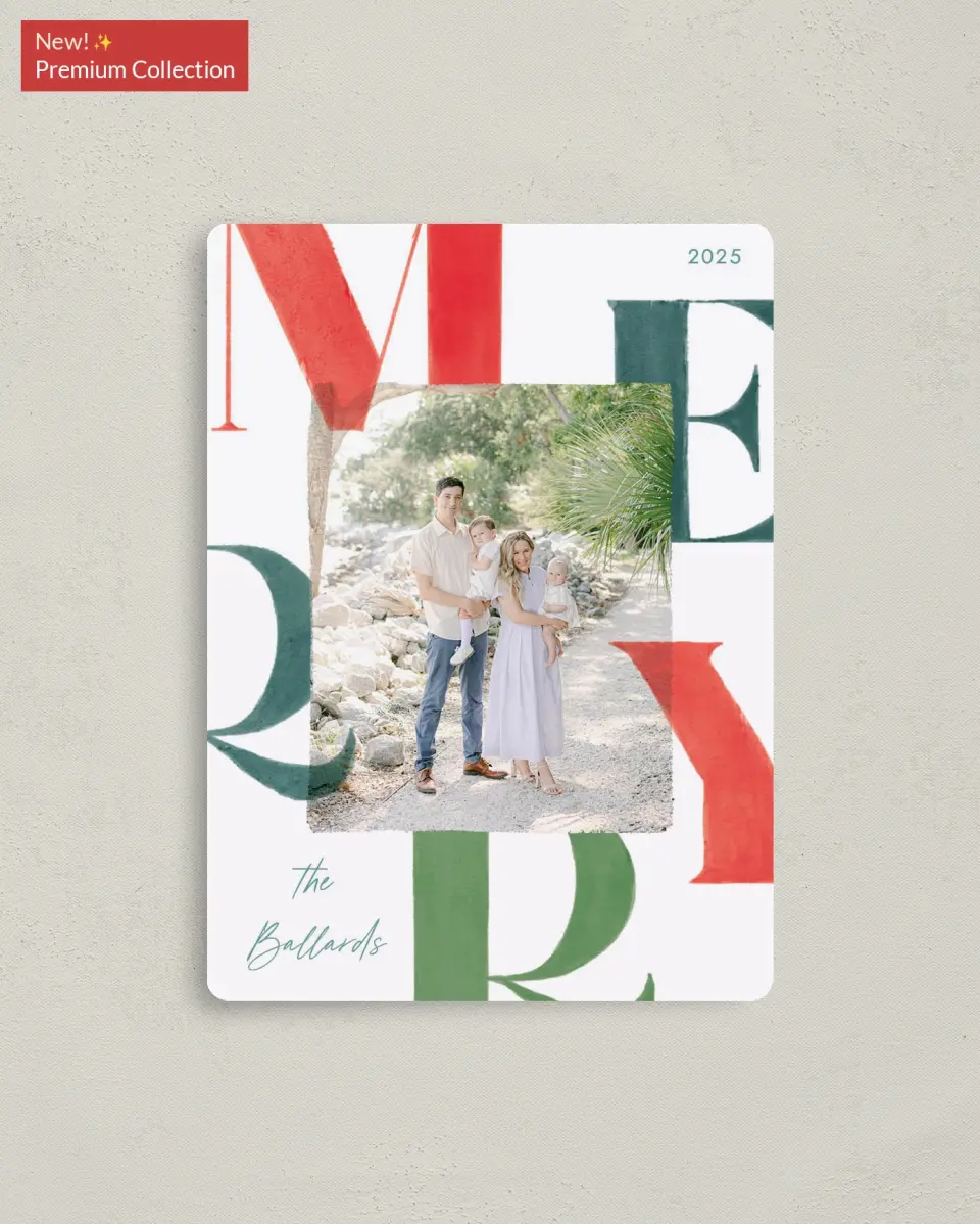 This is a 4" x 5½" Christmas Card called Bright Tidings printed in full color with Gold foil and a Luxe Satin finish