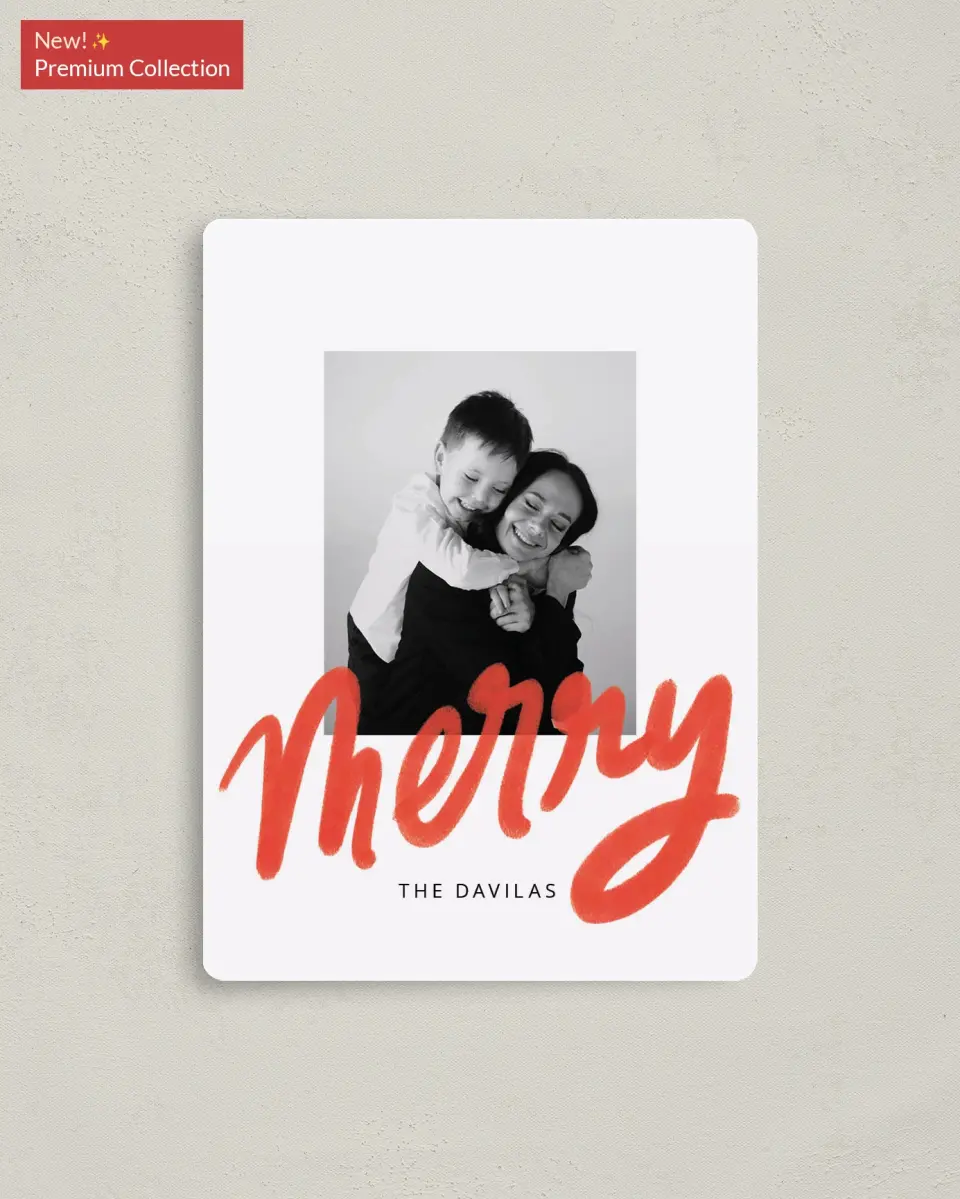 This is a 4" x 5½" Christmas Card called So Merry printed in full color with Gold foil and a Luxe Satin finish