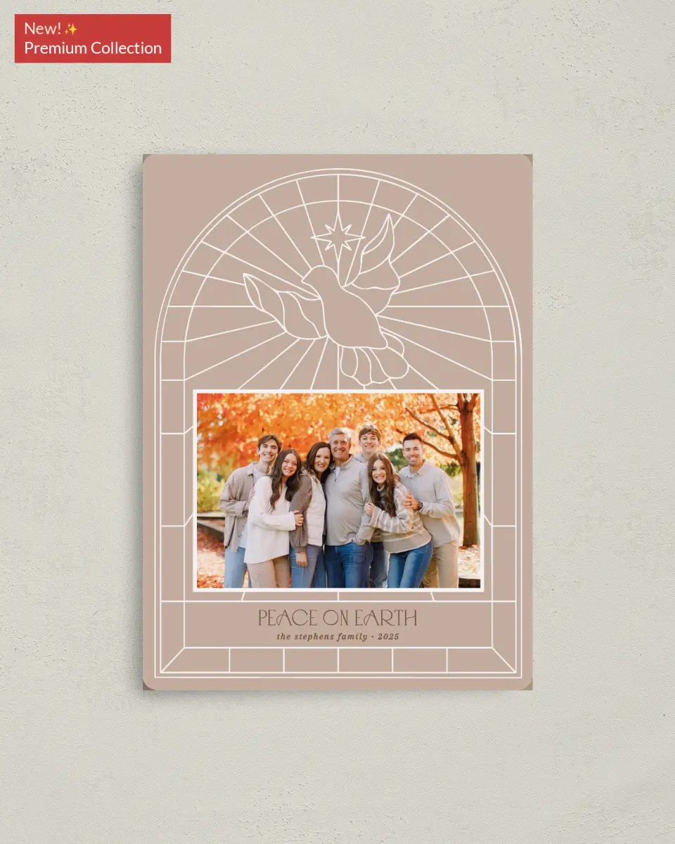 This is a 4" x 5½" Christmas Card called Peace on Earth printed in full color with Gold foil and a Luxe Satin finish