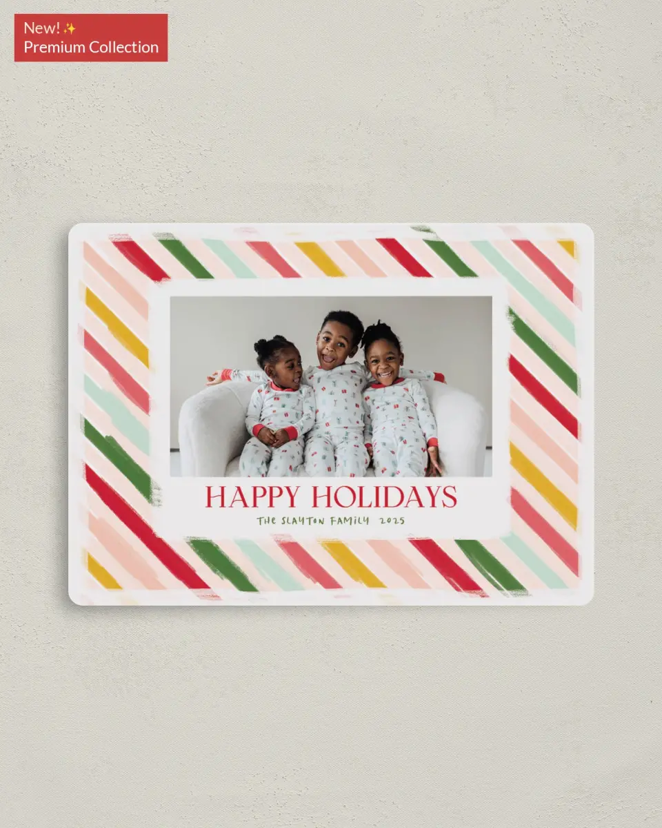 This is a 4" x 5½" Christmas Card called Bright Stripes printed in full color with Silver foil and a Luxe Satin finish