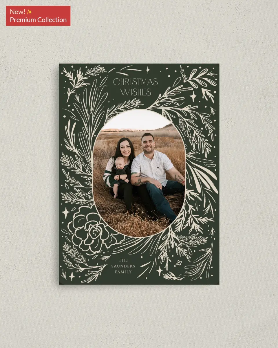 This is a 4" x 5½" Christmas Card called Framed Foliage printed in full color with Gold foil and a Luxe Satin finish