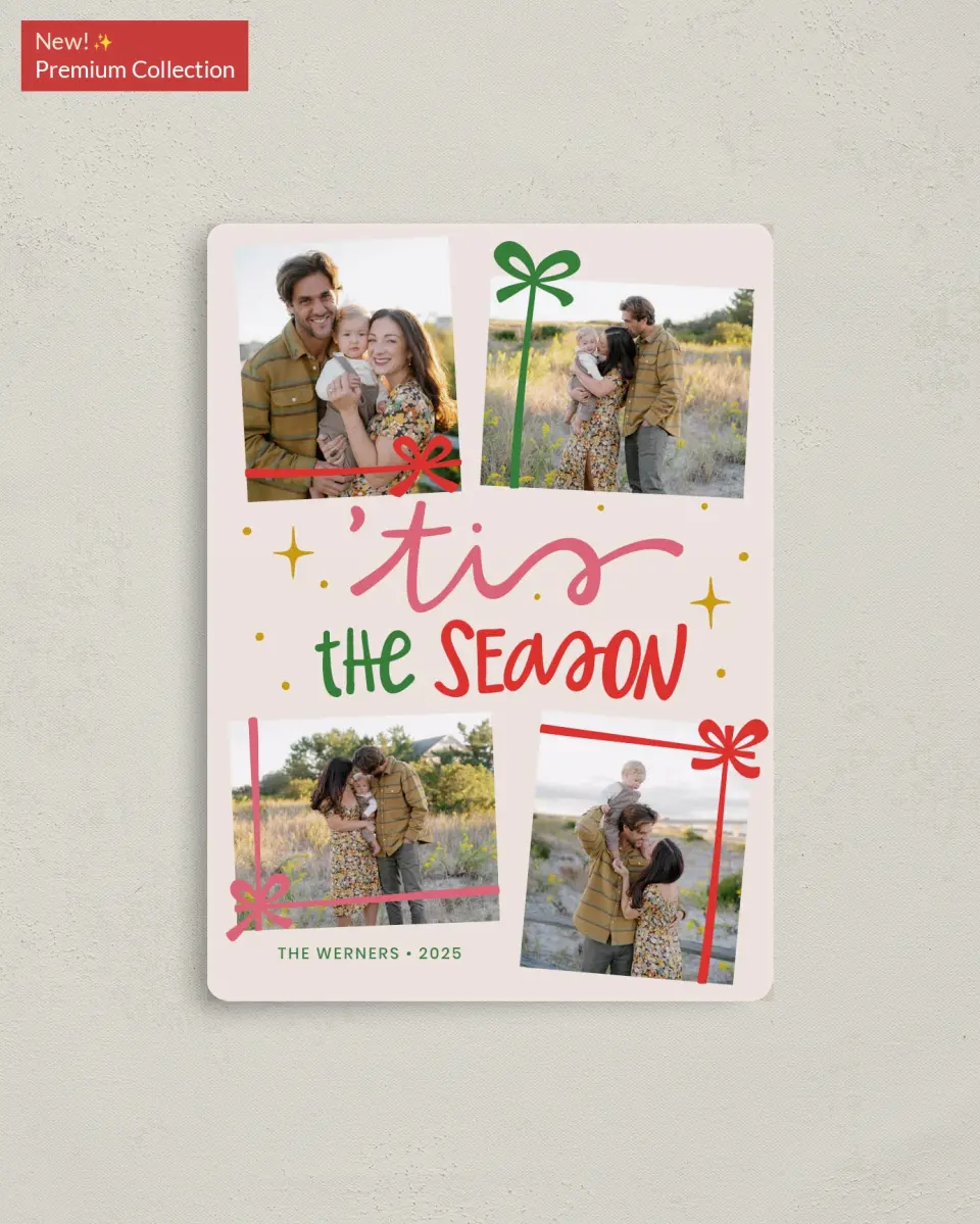 This is a 4" x 5½" Christmas Card called Gifting Season printed in full color with Gold foil and a Luxe Satin finish