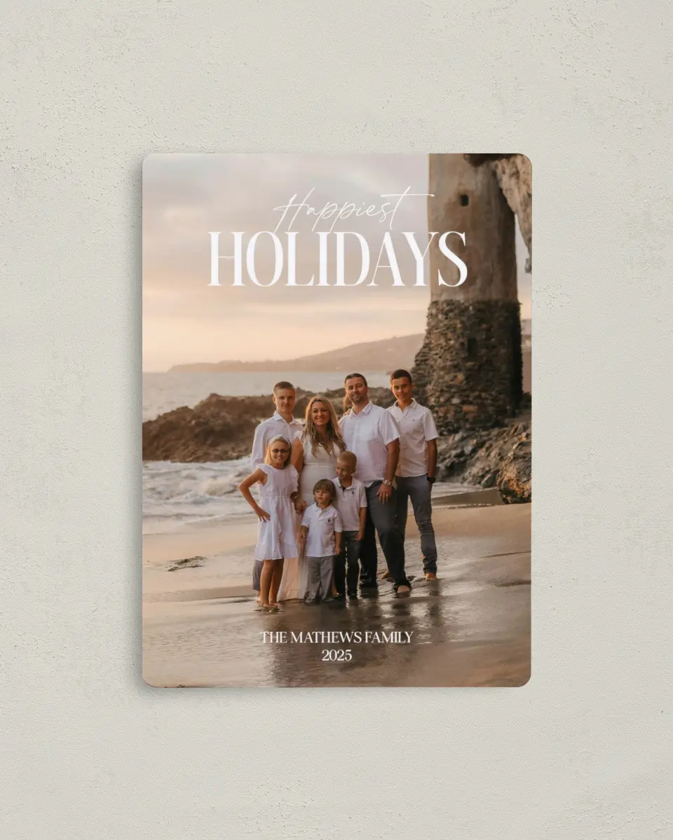 This is a 4" x 5½" Christmas Card called Happy Greeting printed in full color with a Luxe Satin finish