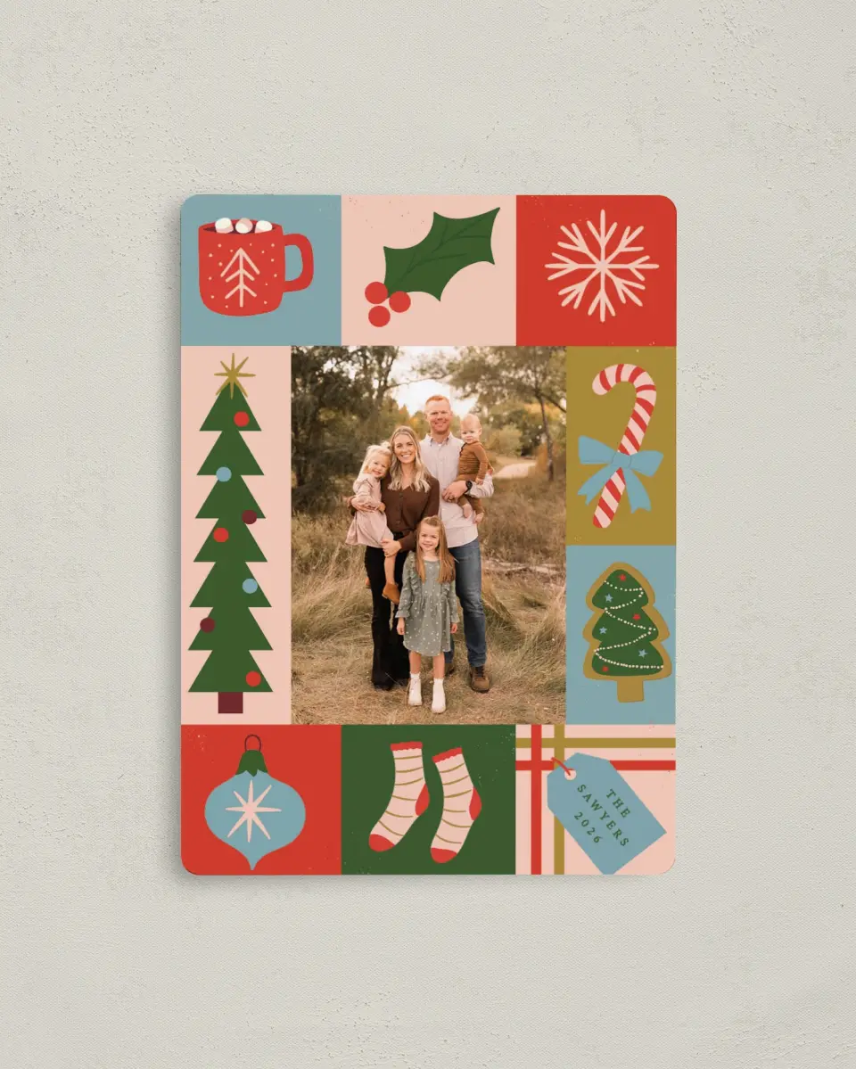 This is a 4" x 5½" Christmas Card called Patchwork Holiday printed in full color with Rose Gold foil and a Luxe Satin finish