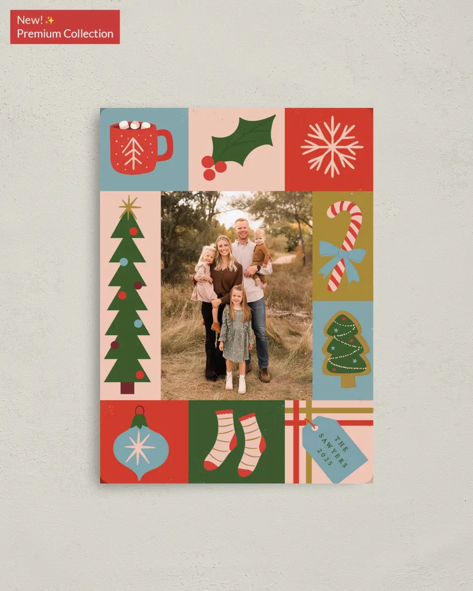 This is a 4" x 5½" Christmas Card called Patchwork Holiday printed in full color with Gold foil and a Luxe Satin finish
