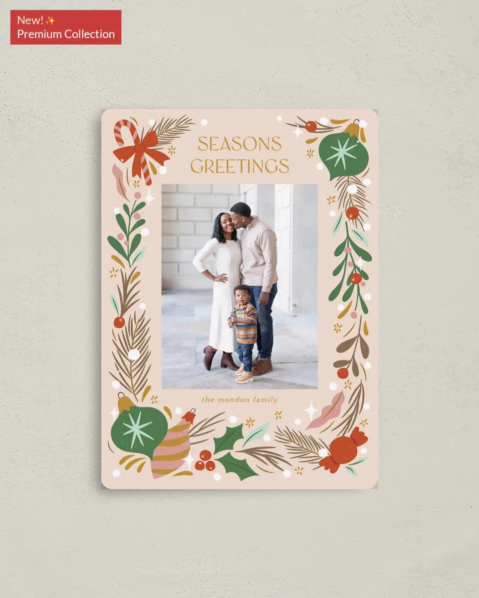 This is a 4" x 5½" Christmas Card called Festive Season printed in full color with Gold foil and a Luxe Satin finish