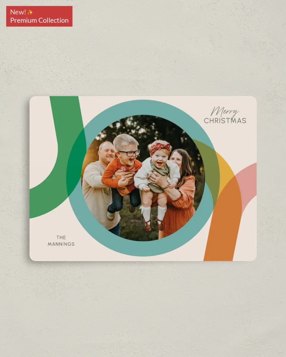 This is a 4" x 5½" Christmas Card called Playful Joy printed in full color with Gold foil and a Luxe Satin finish