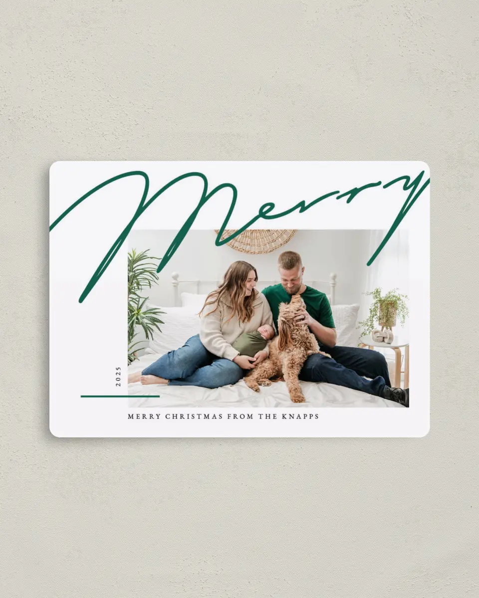 This is a 4" x 5½" Christmas Card called Handwritten Merry printed in full color with a Luxe Satin finish