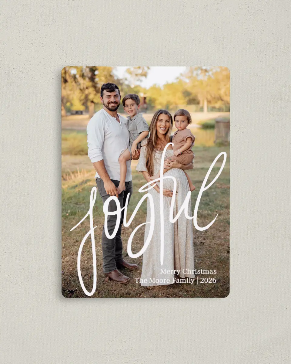 This is a 4" x 5½" Christmas Card called Just Joyful printed in full color with Rose Gold foil and a Luxe Satin finish