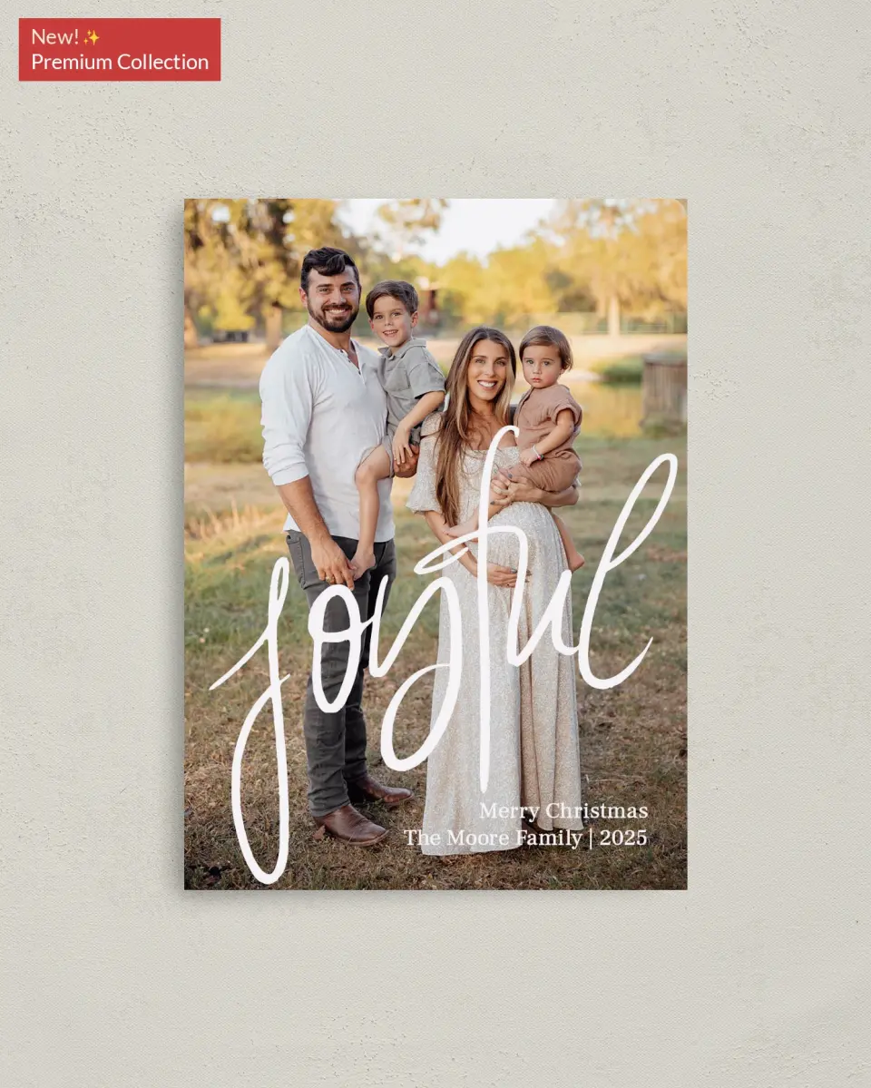 This is a 4" x 5½" Christmas Card called Just Joyful printed in full color with Gold foil and a Luxe Satin finish