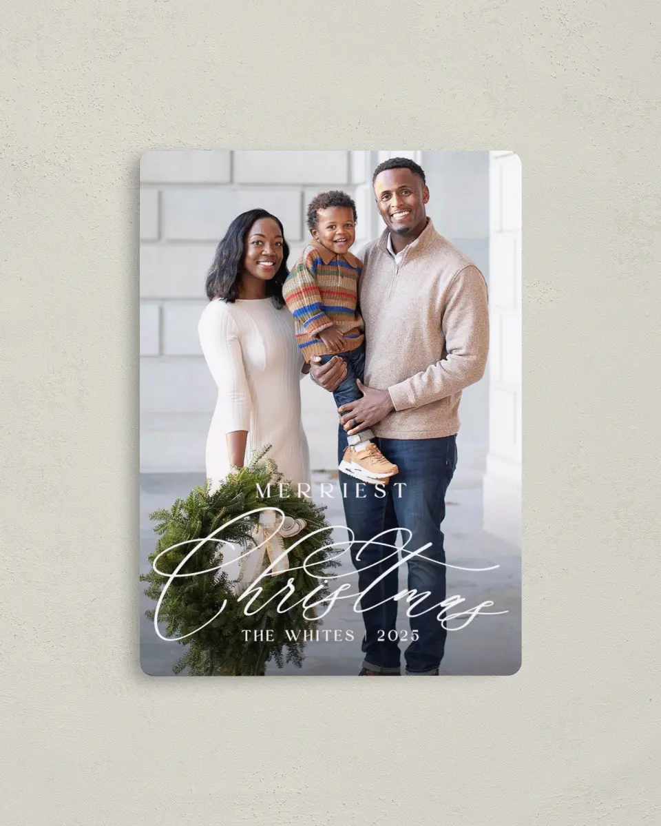 This is a 4" x 5½" Christmas Card called Scripted Christmas printed in full color with Silver foil and a Luxe Satin finish