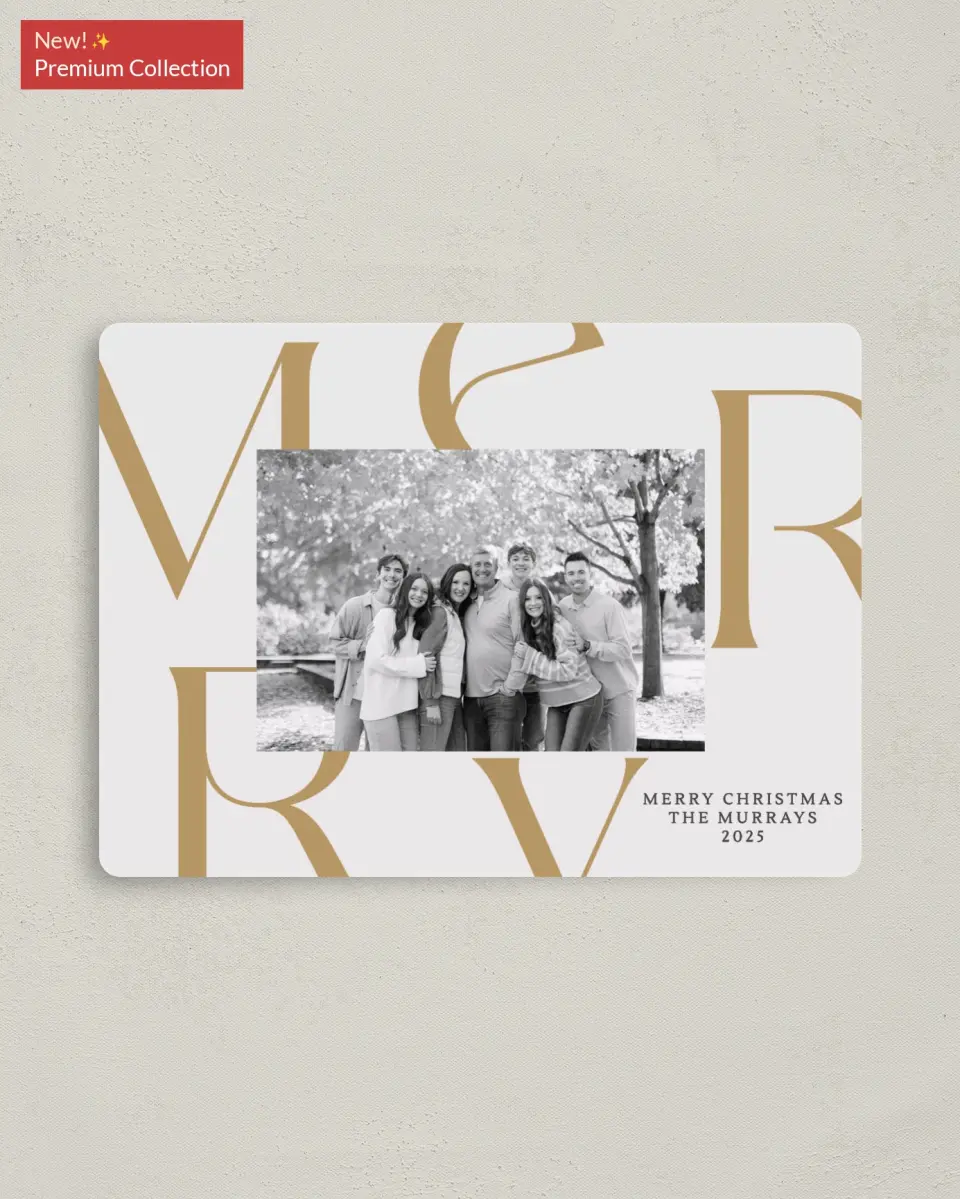 This is a 4" x 5½" Christmas Card called Very Merry printed in full color with Gold foil and a Luxe Satin finish